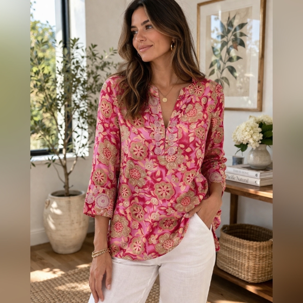 GANT Collection Pink Floral Cotton Silk Blouse Embroidered Detail Size 2